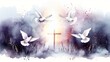 © Jack - A delicate watercolor illustration of doves flying above a shining cross, symbolizing peace and heavenly grace.