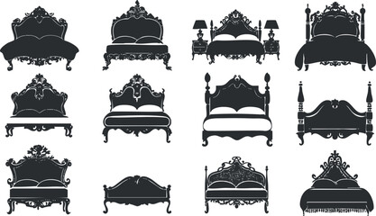 set of ornate bed silhouettes in vector illustration for interior design.