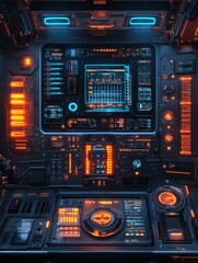 Poster - futuristic scifi control panel interface orange blue neon lights digital technology dashboard screen
