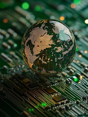 Poster - Global Network Digital World Technology Sphere Glass Earth Circuit Board Green Technology Innovation Digital Globe Futuristic Internet Connection     