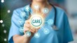 © Nazmul - Medicine doctor holding hologram care text in hand, AI generated