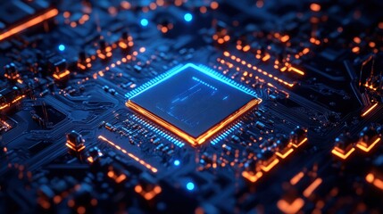 Poster - Glowing Circuit Board: A Close-Up of a Microchip's Intricate Design