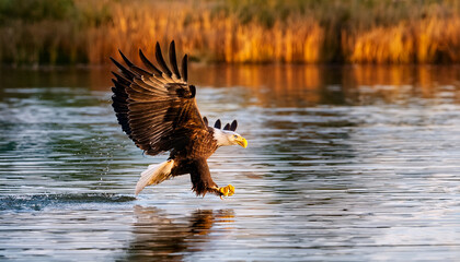 Wall Mural - american bald eagle fliying over the lake