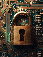 Poster - Golden Padlock on Circuit Board Digital Security Technology Abstract Background Image Modern Technology Protection Secure Data Network Privacy        