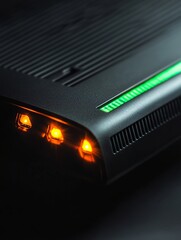 Poster - Modern Black Network Router Device Closeup with Green and Orange Lights High Definition Technology Equipment Internet Connection Digital Gadget       