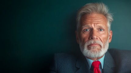 Poster - Man with a red tie and gray hair is looking at the camera. He is sad or serious