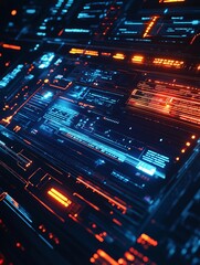 Poster - abstract futuristic digital interface neon lights technology background orange blue scifi hud panel 