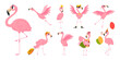 © LadadikArt - Cute pink flamingo. Summer funny flamingos, exotic birds in different poses. Tropical bird with suitcase, with balloons, dancing and flying, classy vector characters