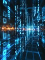 Poster - Abstract Digital Cityscape Futuristic Binary Code Data Stream Network Technology Background Blue Neon Lights Glowing Digital Numbers Modern Design Art