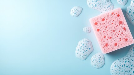 Poster - Pink cleaning sponge resting on light blue background, surrounded by foamy soap suds, depicting household cleaning and freshness
