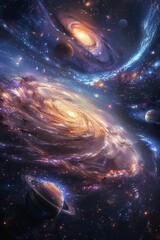Poster - exploration of a vast celestial landscape filled with swirling galaxies and distant planets in the c