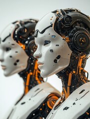 Poster - Futuristic Female Robots Advanced Technology Artificial Intelligence White Orange Mechanical Cyborg Heads Digital Art Science Fiction Innovation AI 3D