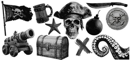 Wall Mural - set of pirate halftone grunge vector design elements