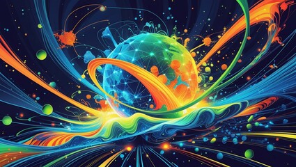 Leinwandbilder - A vibrant, futuristic abstract vector illustration depicting the intersection of quantum computer technology and deep learning artificial intelligence