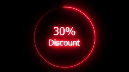 Fototapete - Red color neon glowing 30% discount offer icon animation text latter price offer shop sale bonus animated sign symbol on black background
