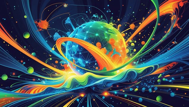 A vibrant, futuristic abstract vector illustration depicting the intersection of quantum computer technology and deep learning artificial intelligence