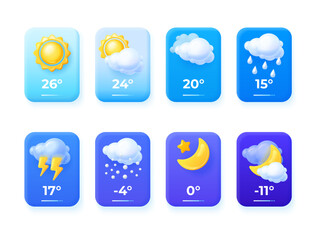 3d weather forecast. Render weather ui icons for phone mobile app, climate widget meteorological cards meteorology screen night day temperature sun rain, exact vector illustration