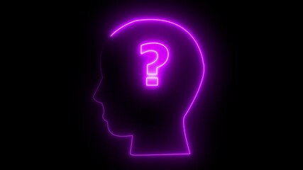 Glowing neon line Human head with question mark icon isolated on black background  and color video.