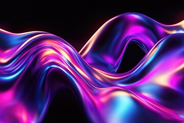 Wall Mural - Abstract fluid 3D render with a black background and holographic, iridescent neon curved wave in motion. Abstract fluid iridescent holographic curved wave in motion colorful gradient. MZ 