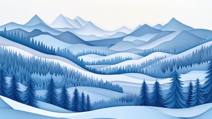 Leinwandbilder - Serenity in winter landscape featuring snowy mountains and pine trees in layered paper cut style with soft blue sky Generative AI