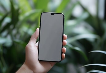 Poster - Modern Smartphone Mockup Blank Screen Green Background Hand Holding Device Technology Mobile Phone App Presentation Digital Gadget Wireless           