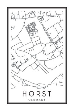 Hand drawn printable downtown road map poster of borough HORST of the German city of ESSEN on solid white background with city name