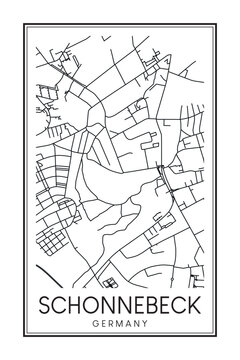 Hand drawn printable downtown road map poster of borough SCHONNEBECK of the German city of ESSEN on solid white background with city name