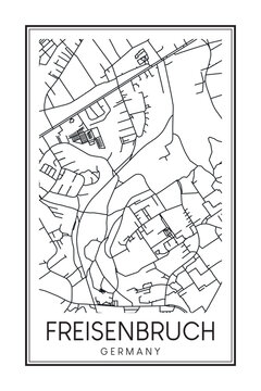 Hand drawn printable downtown road map poster of borough FREISENBRUCH of the German city of ESSEN on solid white background with city name