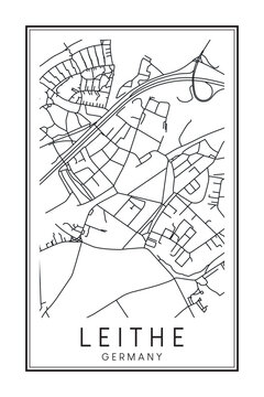 Hand drawn printable downtown road map poster of borough LEITHE of the German city of ESSEN on solid white background with city name