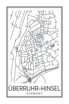 Hand drawn printable downtown road map poster of borough ÜBERRUHR-HINSEL of the German city of ESSEN on solid white background with city name