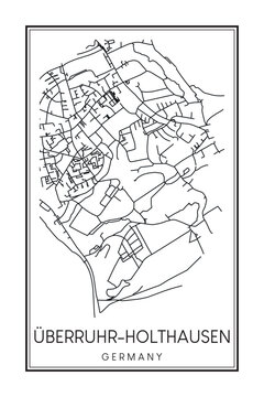 Hand drawn printable downtown road map poster of borough ÜBERRUHR-HOLTHAUSEN of the German city of ESSEN on solid white background with city name