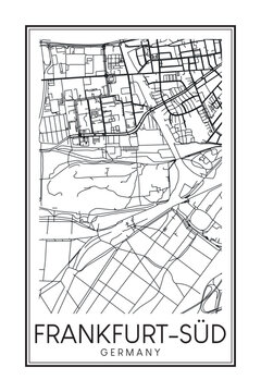 Hand drawn printable downtown road map poster of borough FRANKFURT-SÜD of the German city of FRANKFURT AM MAIN on solid white background with city name