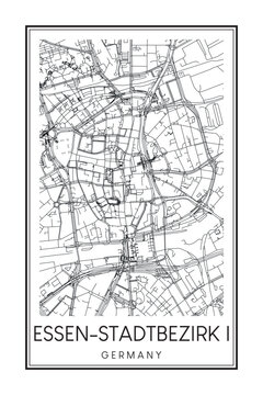 Hand drawn printable downtown road map poster of borough ESSEN-STADTBEZIRK I of the German city of ESSEN on solid white background with city name