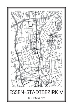 Hand drawn printable downtown road map poster of borough ESSEN-STADTBEZIRK V of the German city of ESSEN on solid white background with city name