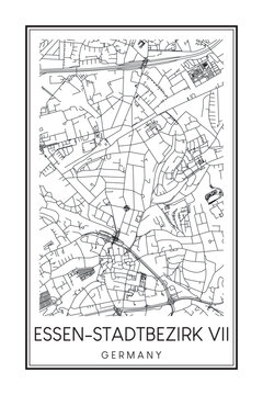 Hand drawn printable downtown road map poster of borough ESSEN-STADTBEZIRK VII of the German city of ESSEN on solid white background with city name