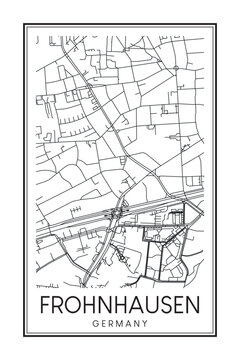 Hand drawn printable downtown road map poster of borough FROHNHAUSEN of the German city of ESSEN on solid white background with city name