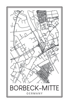 Hand drawn printable downtown road map poster of borough BORBECK-MITTE of the German city of ESSEN on solid white background with city name