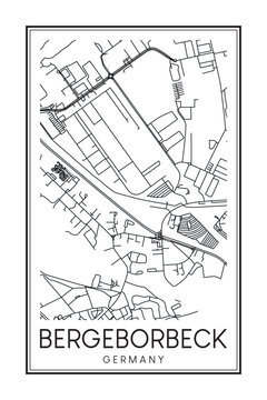 Hand drawn printable downtown road map poster of borough BERGEBORBECK of the German city of ESSEN on solid white background with city name