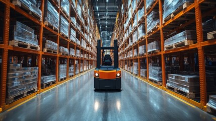 Poster - A forklift maneuvers between tall shelves in a spacious warehouse, carefully transporting cargo pallets as workers manage inventory throughout the facility.