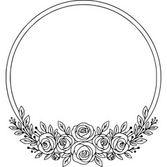 Poster - Roses floral design with line art in a circle frame perfect for wedding invitation and greeting card design. Floral frame with roses and leaves in line art style for elegant design projects