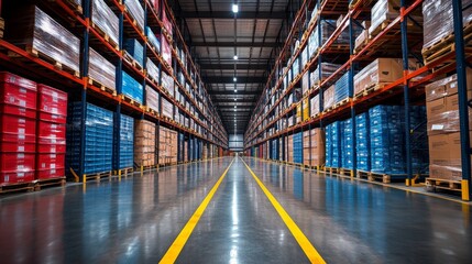 Poster - A spacious warehouse features neatly arranged shelves filled with colorful pallets of freight. The floor is marked with yellow lines for navigation, indicating an efficient logistics environment.