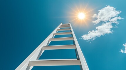 a white ladder reaching towards a bright sun in a clear blue sky