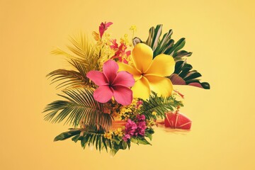 Aufkleber - Tropical floral arrangement with vibrant colors and exotic plants against a yellow background