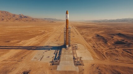 Poster - A towering rocket stands ready for launch in a remote desert area under clear blue skies. It reflects advancements in propulsion and recovery techniques for space missions.
