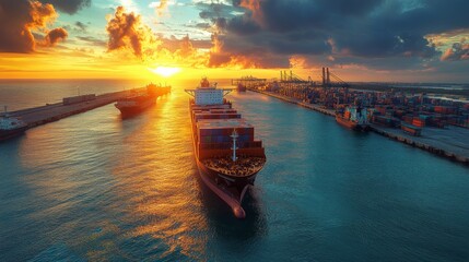 Aufkleber - A cargo ship loaded with shipping containers moves through calm waters as the sun sets. The surrounding logistics facility is busy with activity and transport operations.