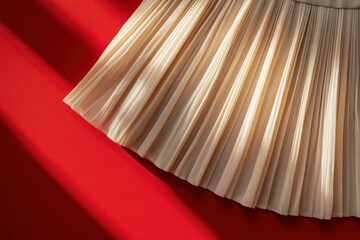 Poster - Pleated beige skirt resting on vibrant red fabric under natural light in a stylish setting