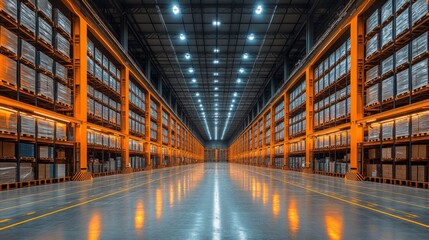 Aufkleber - Large warehouse shows neatly arranged pallets stored on shelves under bright lighting, emphasizing efficient logistics and inventory management in a distribution center.