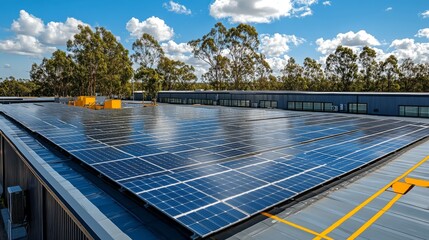Poster - Solar panels cover the roof of a large warehouse, contributing to energy efficiency for logistics and distribution activities while supporting sustainable practices in cargo management.
