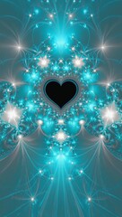 Poster - Complex fractal design featuring a central heart shape in vibrant turquoise hues and glowing accents, creating a mesmerizing visual effect