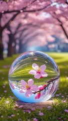 Poster - Glass sphere reflects cherry blossoms in a tranquil park during springtime
